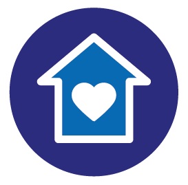 An icon of a house with a heart on it. The icon is a dark blue circle.