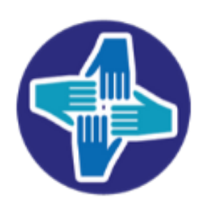 A circular icon showing four hands coming together in partnership on dark blue.