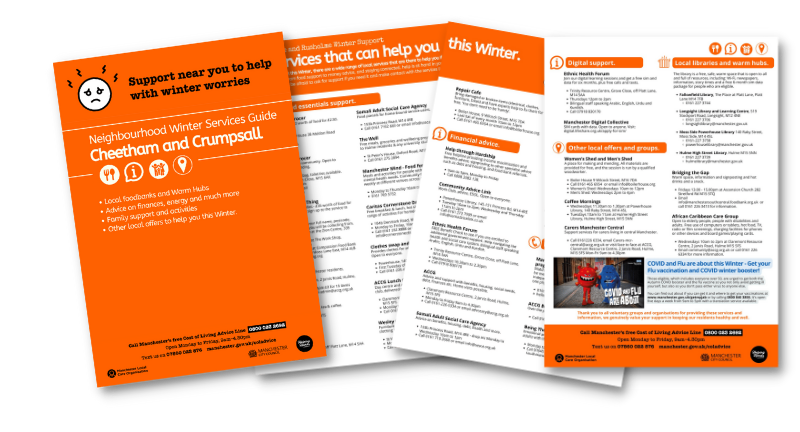 Image of the cover of the Cheetham and Crumpsall booklet. The cover is orange with black text.
