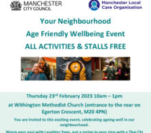 Age friendly Withington Methodist Church event poster. Green and white text over a white background.