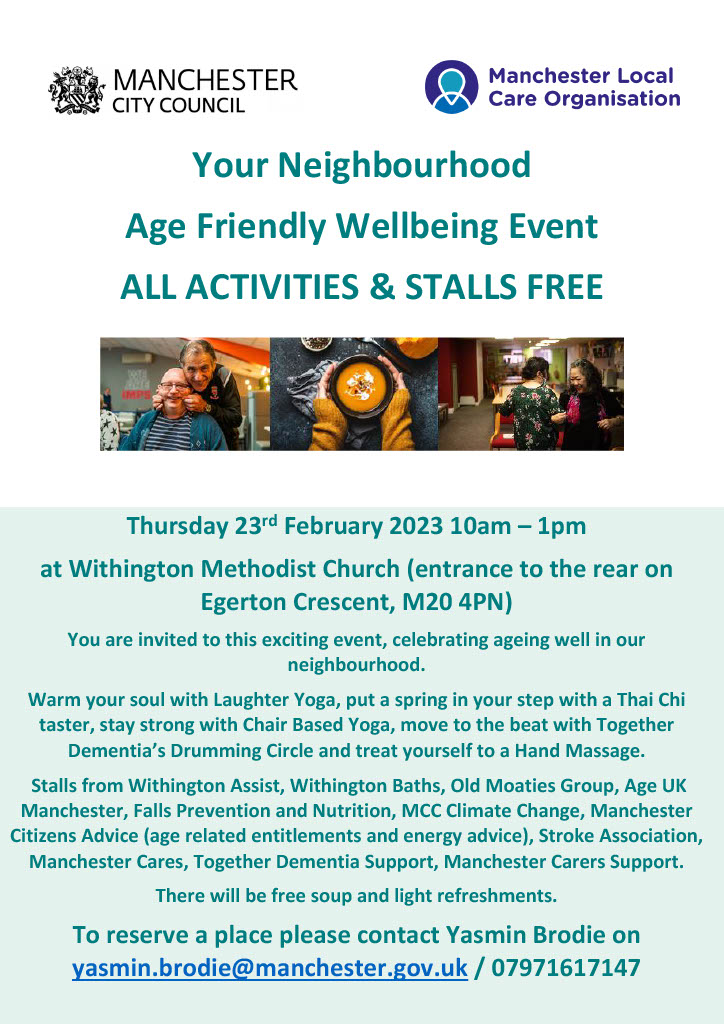 Age friendly Withington Methodist Church event poster. Green and white text over a white background. 