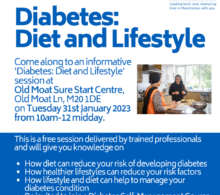 Diabetes session flyer. Blue text on white background.