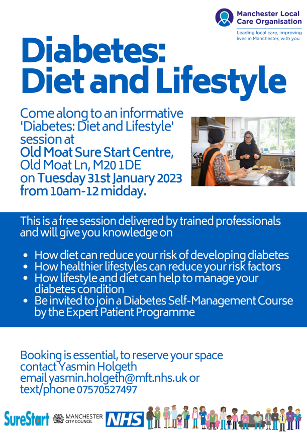 Diabetes session flyer. Blue text on white background.