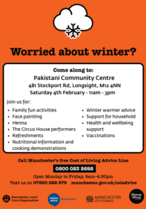 Image shows the promotional poster for the Worried About Winter event. Text on an orange background. 