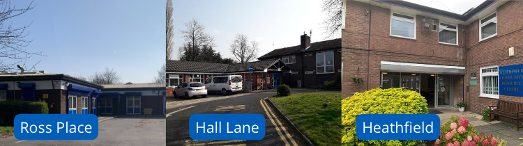 An image of a photo montage of our three day centres. On the left is a picture of Ross Place, in the middle is a picture of Hall Lane and on the right is a picture of Heathfield