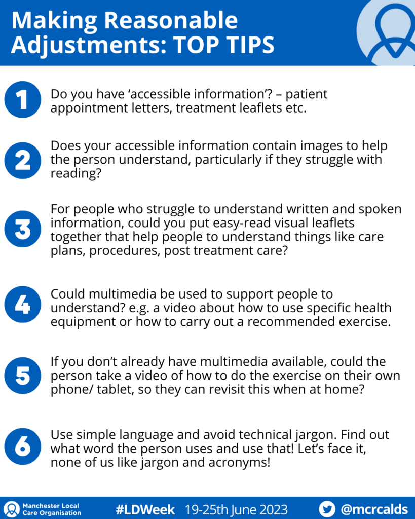 Text reads: Making Reasonable Adjustments: TOP TIPS 1. Do you have ‘accessible information’? – patient appointment letters, treatment leaflets etc. 2. Does your accessible information contain images to help the person understand, particularly if they struggle with reading? 3. For people who struggle to understand written and spoken information, could you put easy-read visual leaflets together that help people to understand things like care plans, procedures, post-treatment care? 4. Could multimedia be used to support people to understand? e.g. a video about how to use specific health equipment or how to carry out a recommended exercise. 5. If you don’t already have multimedia available, could the person take a video of how to do the exercise on their own phone/ tablet, so they can revisit this when at home? 6. Use simple language and avoid technical jargon. Find out what word the person uses and use that! Let’s face it, none of us like jargon and acronyms!