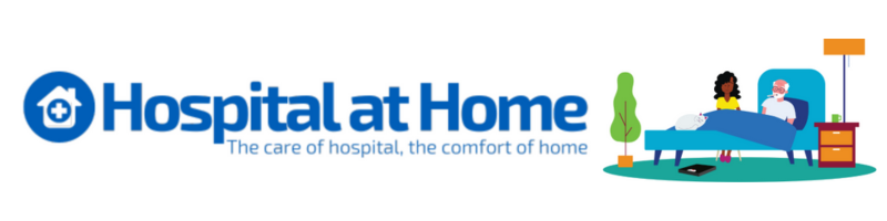 Image of the Hospital at Home logo with the words Hospital at Home in blue and a drawing image of a patient being cared for in bed in his home.