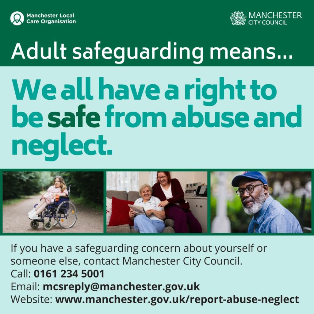 Image of our adult safeguarding social media graphic with the words Adult Safegursing means we all have a right to be safe from abuse and neglect